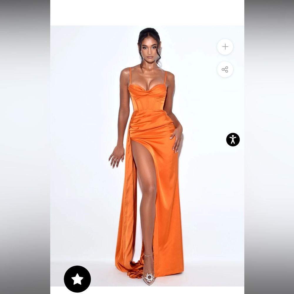 Miss Circle Orange Strappy Satin Corset High Slit Gown